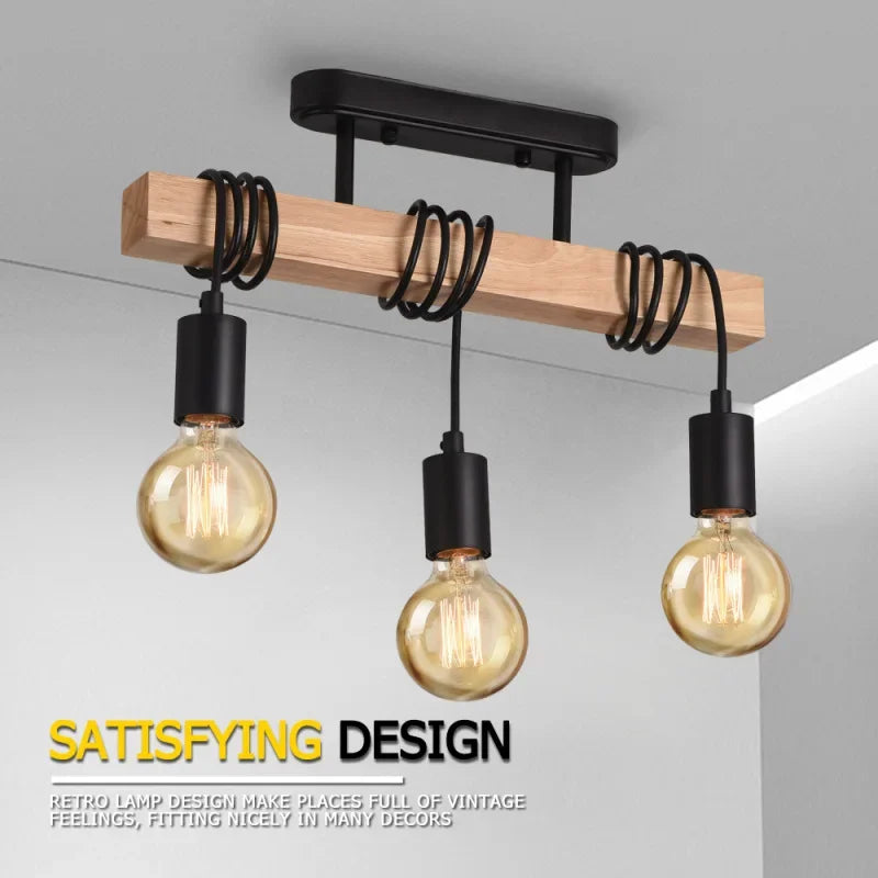 American Retro Wood Art Winding Suction Hanging Dual-use Lamps Living Room Dining Room Bedroom Chandelier Ceiling Light