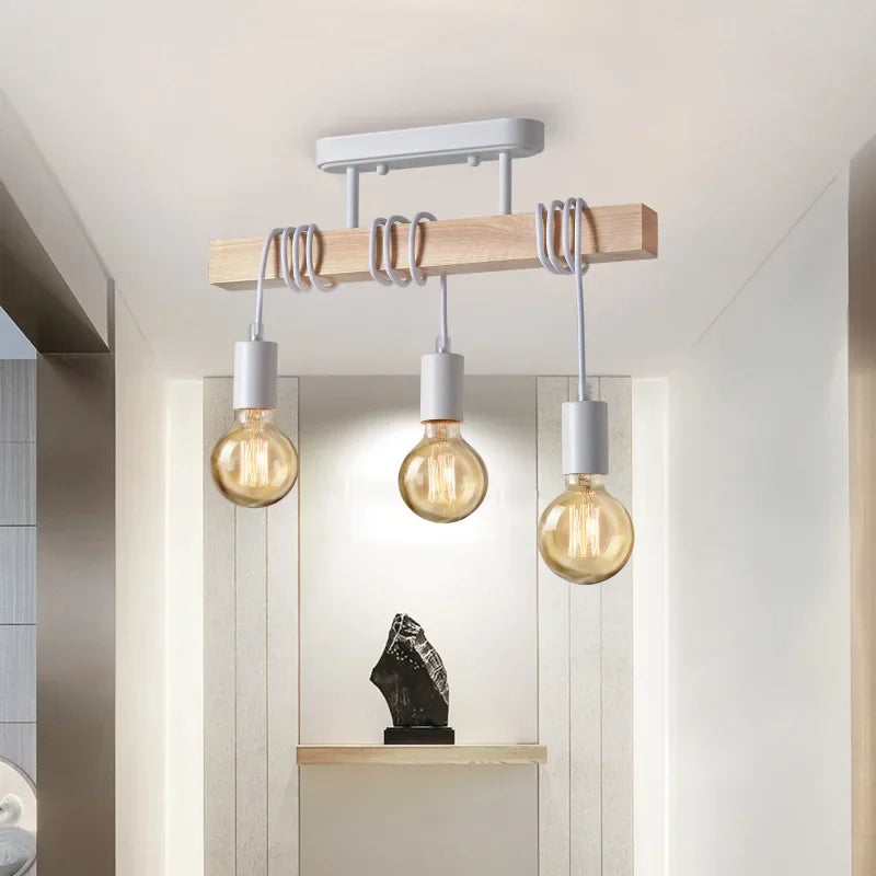 American Retro Wood Art Winding Suction Hanging Dual-use Lamps Living Room Dining Room Bedroom Chandelier Ceiling Light