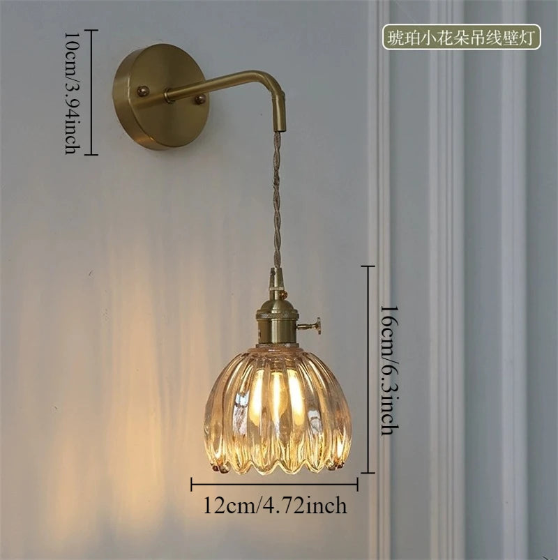 Modern Floral Glass Wall Lamp With a Switch For Bedroom Room Decoration Study Led Lights Mirror Light Nordic Wall Sconce