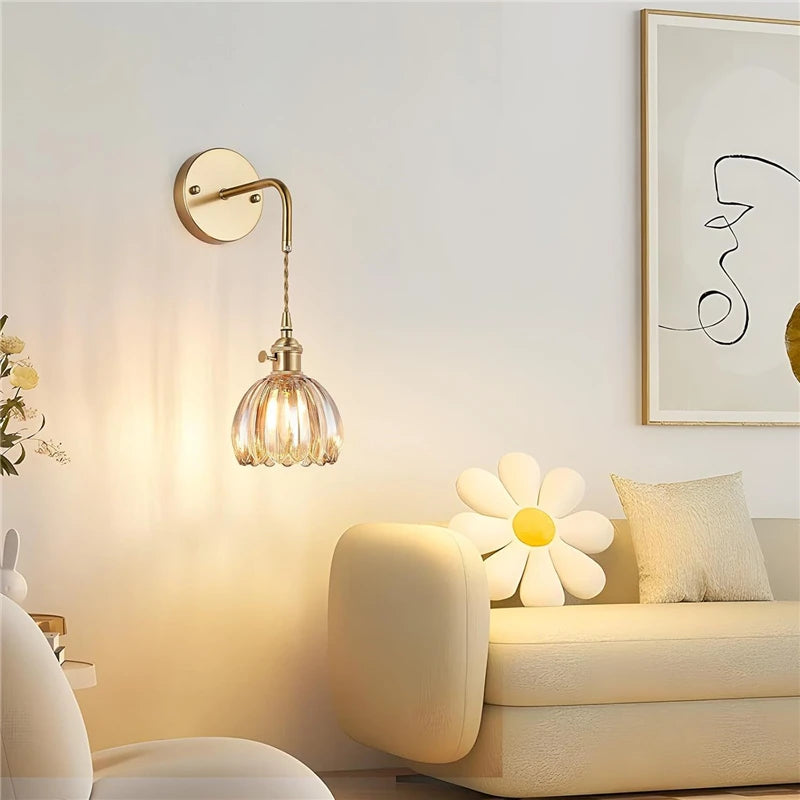 Modern Floral Glass Wall Lamp With a Switch For Bedroom Room Decoration Study Led Lights Mirror Light Nordic Wall Sconce