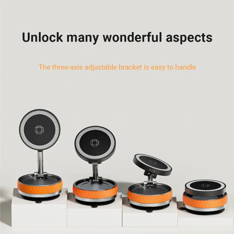 KEBIDUMEI 15W Car Phone Holder Vacuum Magnetic Suction Cup Folding Stand 360 Degree Rotation Car Mount Magnetic Auto Bracket