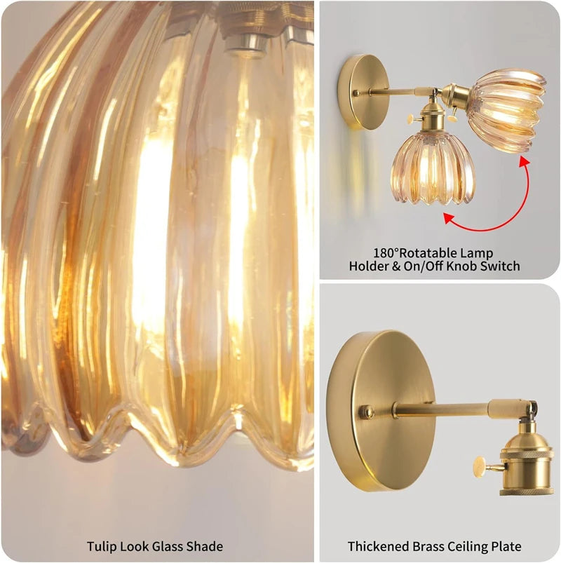 Modern Floral Glass Wall Lamp With a Switch For Bedroom Room Decoration Study Led Lights Mirror Light Nordic Wall Sconce
