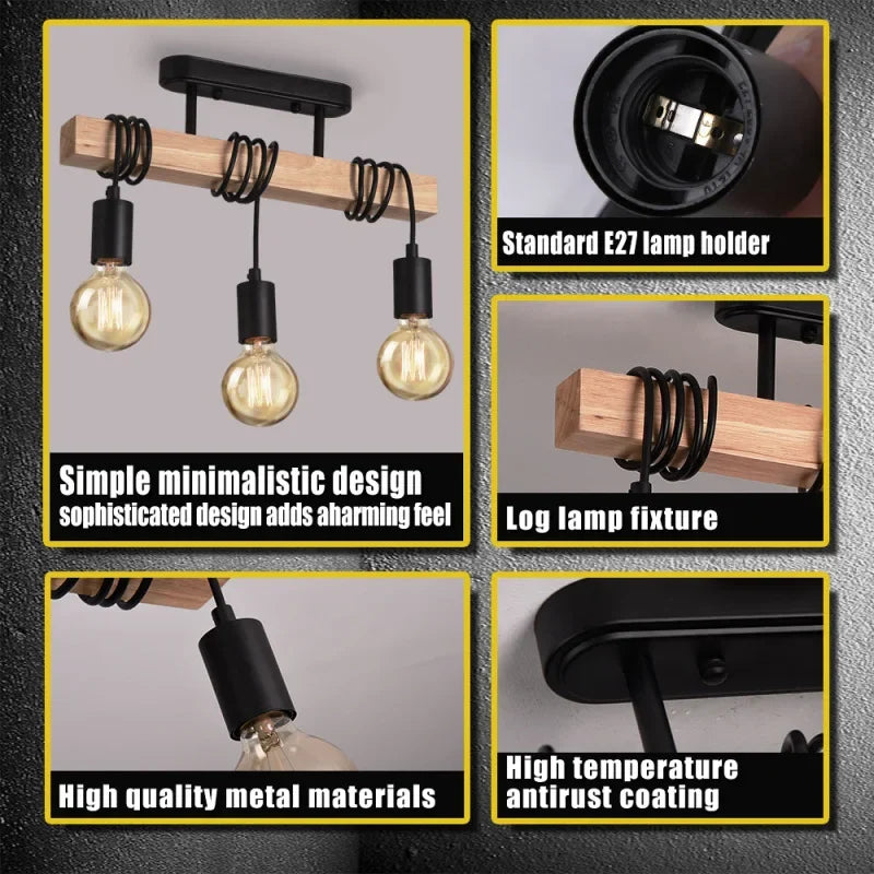 American Retro Wood Art Winding Suction Hanging Dual-use Lamps Living Room Dining Room Bedroom Chandelier Ceiling Light