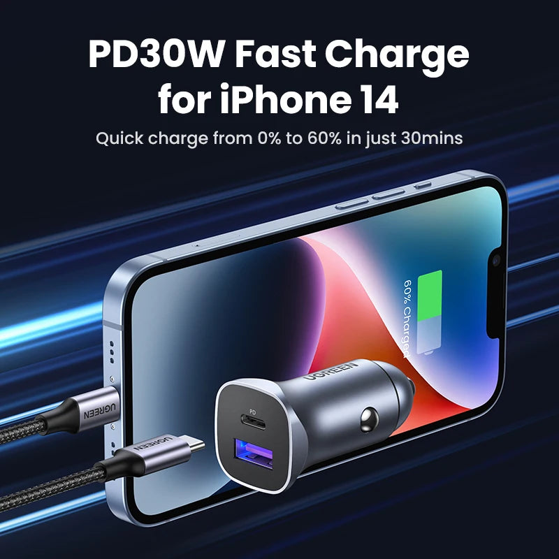 UGREEN Car Charger Type C Fast USB Charger for iPhone 17 16 15 Xiaomi Car Charging Quick 4.0 3.0 Charge Mobile Phone PD Charger