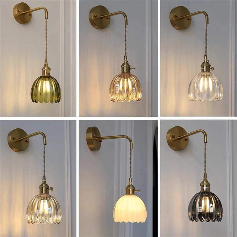 Modern Floral Glass Wall Lamp With a Switch For Bedroom Room Decoration Study Led Lights Mirror Light Nordic Wall Sconce