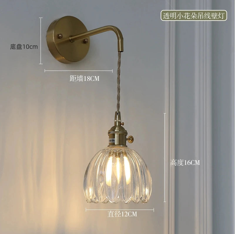 Modern Floral Glass Wall Lamp With a Switch For Bedroom Room Decoration Study Led Lights Mirror Light Nordic Wall Sconce