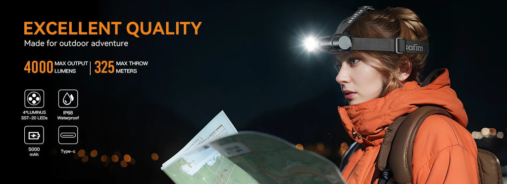 SOFIRN HS41 Headlamp 4000lm 21700 USB C Rechargeable with SST20 LED Torch Indicator with Magnetic Tail Flashlight